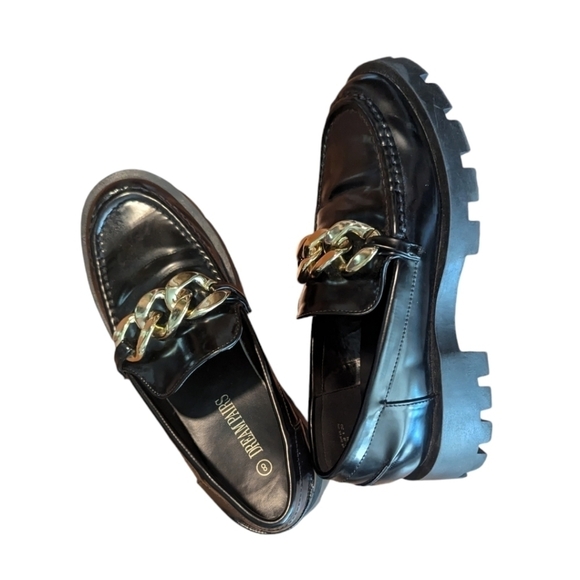 Lug chunky Grandpa Core Gold Chain Indie Sleaze black patent slipon loafers sz 8 - Picture 6 of 7